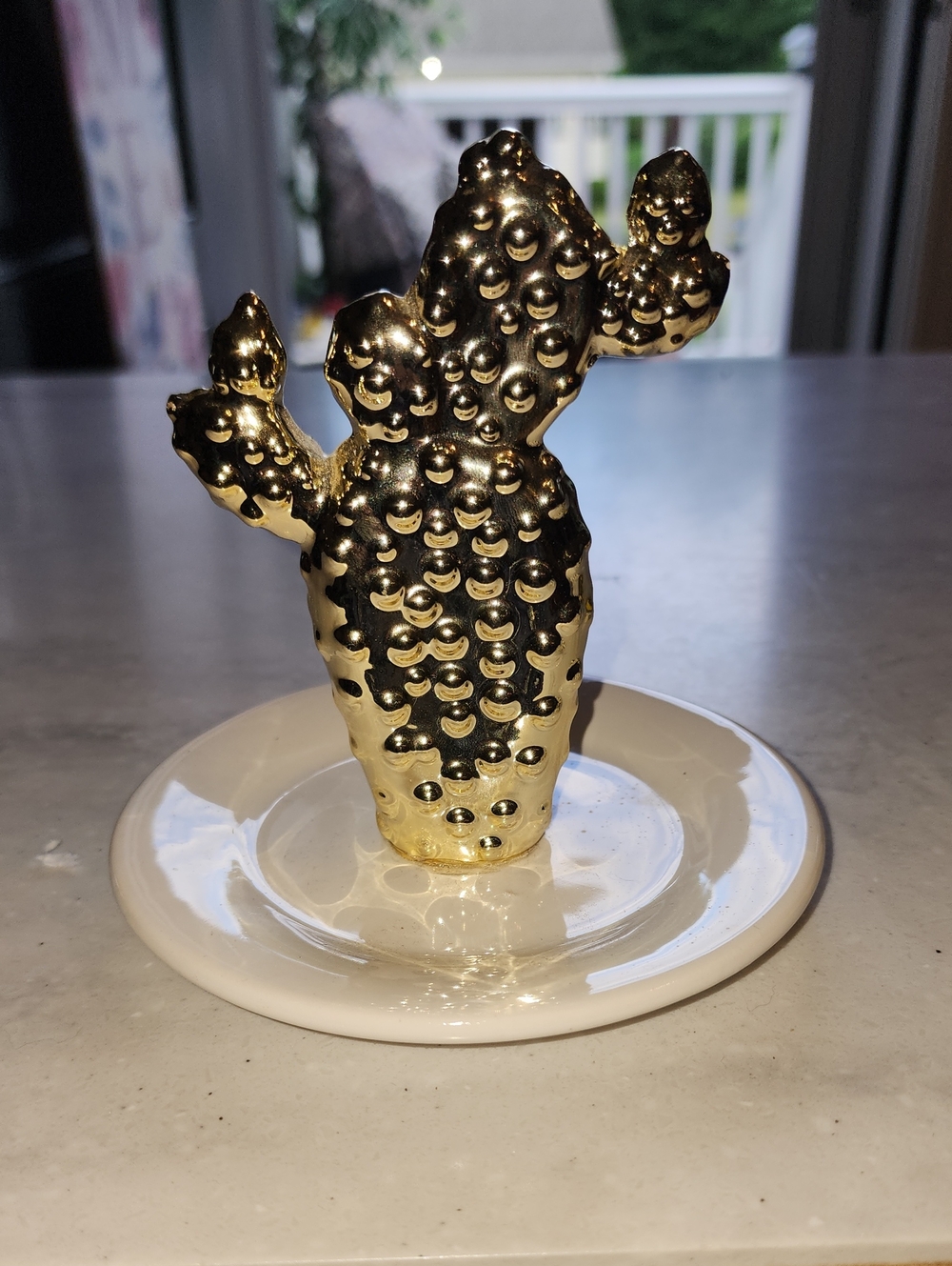 T.J.Maxx White Ceramic Cactus Dish with Gold  Cactus